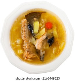 Fresh Fish Stock Made Of Salmon Carcass. Fish Offal Dish. Isolated Over White Background