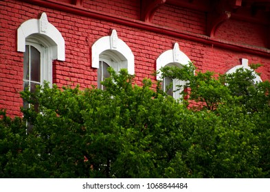 Fresh Foliage Frames Red Wall Of A Building On Sixth Street, Austin