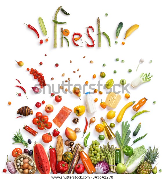 新鮮な食べ物の選択 健康的な食べ物のシンボルは 食べ物の爆発に代表され 果物や野菜との食べ方が健康に良いというコンセプトを示しています 健康な食べ物の背景 上面図 高解像度製品 の写真素材 今すぐ編集