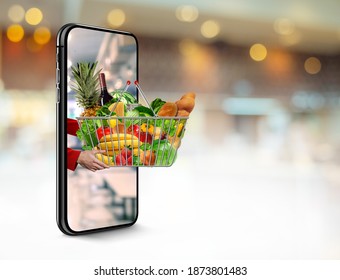fresh food delivery from mobile phone on isolated background