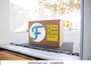 Fresh Food Home Delivery In Cardboard Box Outside Front Door