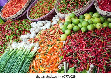 A Fresh Food Market Stall Situated In The Town Of Hua Hin In Thailand.