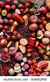 Fresh Food Raw Produce In Red Colors, Cut Sliced Cross Section Flatlay Overhead Filled Frame Food Layout