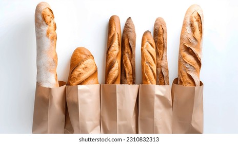 Fresh French baguette baking still life. Tasty bread patties in eco kraft paper bags. Rustic style bakery poster.Pastry natural organic food