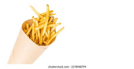 Fresh french fries chips wrapped in brown craft paper with copyspace on white on a white background - Shutterstock ID 2178948799
