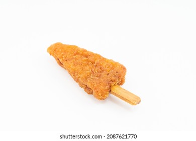 Fresh fried toothpick meat in solid color on white background