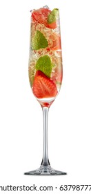 Fresh Fruit Alcohol Cocktail Or Mocktail In Champagne Glass With Ice, Strawberry And Mint Isolated On White Background