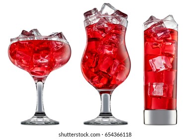 Fresh Fruit Alcohol Cocktail Or Mocktail In Classic Glass With Red Beverage And Ice Cubes Isolated On White Background