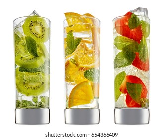 Fresh Fruit Alcohol Cocktail Or Mocktail In Classic Glass With Ice, Strawberry, Kiwi, Orange And Mint Isolated On White Background