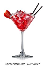 Fresh Fruit Alcohol Cocktail Or Mocktail In Martini Glass With Red Beverage And Ice Cubes Isolated On White Background