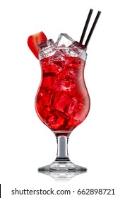 Fresh Fruit Alcohol Cocktail Or Mocktail In Classic Glass With Red Beverage And Ice Cubes Isolated On White Background