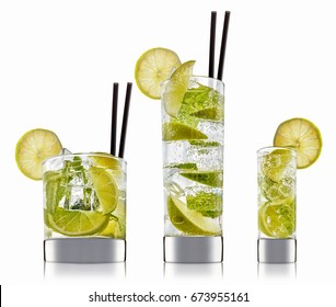 Fresh Fruit Alcohol Cocktail Or Mocktail In Classic Glass With Ice Cubes, Lime And Mint Isolated On White Background