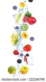 Fresh Fruit, Berries And Vegetables With Water Splash, Isolated On White