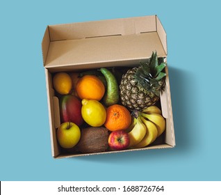 Fresh Fruit Delivery Box On Blue Background, Top View