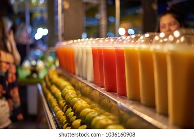 Fresh fruit juice for sale at stall at Krabi walking street