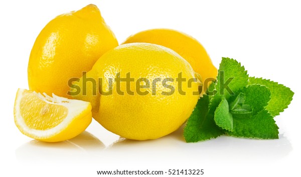白い背景に新鮮なフルーツレモンと葉っぱ緑のミント の写真素材 今すぐ編集