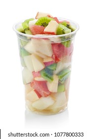 Fresh Fruit Pieces Salad In Plastic Cup Isolated On White Background