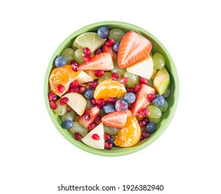 Fresh Fruit Salad In A Bowl Isolated On White Background, Top View
