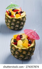 Fresh Fruit Salad Served In Bowls With Fresh Pineapple