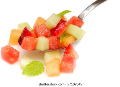 Fresh Fruit Salsa Containing Watermelon, Orange, Cantaloupe, Strawberries, Musk Melon And Mint