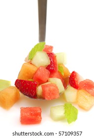 Fresh Fruit Salsa Containing Watermelon, Orange, Cantaloupe, Strawberries, Musk Melon And Mint