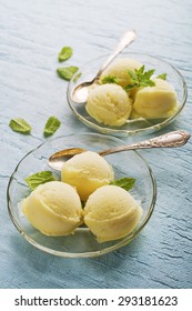 Fresh Fruit Sorbet Ice Cream In A Glass Plate