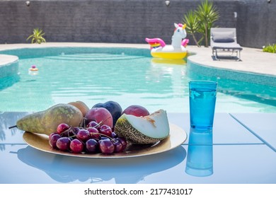 Fresh Fruit Tray Covered With Mesh For Insects, Waiting By The P