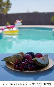 Fresh Fruit Tray Covered With Mesh For Insects, Waiting By The P