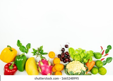 Fresh Fruit And Vegetable. Flat Lay Of Fresh Raw Organic Vegetables On White Background