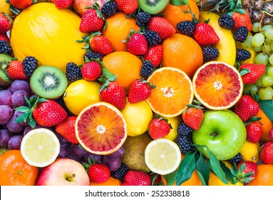 Fresh fruits assorted fruits colorful background.Vitamins natural nutrition concept. - Shutterstock ID 252338818