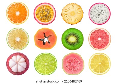 Fresh fruits cross sections isolated on white background. Orange, passion fruit, pineapple, dragon fruit, white grapefruit, papaya, kiwi, pink pineapple, mangosteen, lime, guava, lemon
