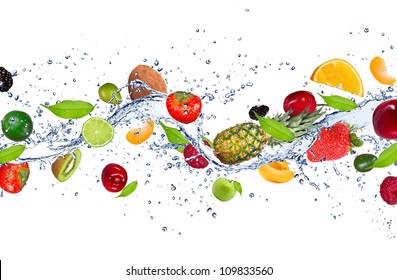 Fresh Fruits Falling In Water Splash, Isolated On White Background