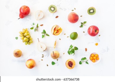 Fresh fruits on white background. Fruit pattern. Flat lay, top view - Powered by Shutterstock