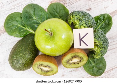 Fresh fruits and vegetables containing vitamin K, potassium, dietary fiber and natural minerals, healthy nutrition concept