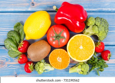 Fresh Fruits And Vegetables Containing Vitamin C And Fiber, Concept Of Healthy Food And Strengthening Immunity