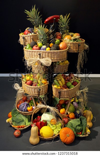 Fresh Fruits Vegetables Decorative Baskets Tower Stock Image