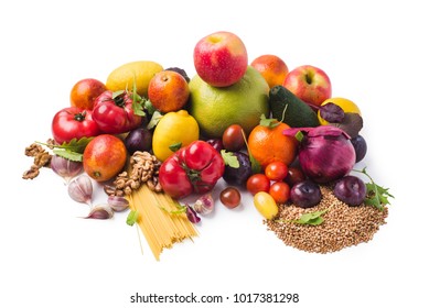 Fresh Fruits, Vegetables, Grains And Plants Isolated Over White, Clipping Path