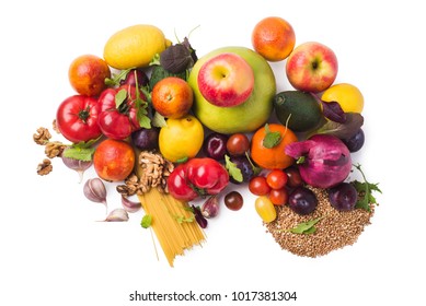 Fresh Fruits, Vegetables, Grains And Plants Isolated Over White, Clipping Path