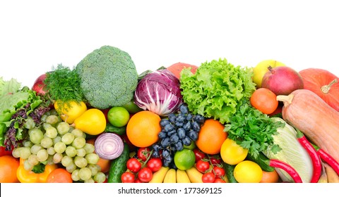 fresh fruits and vegetables isolated on white background                                   