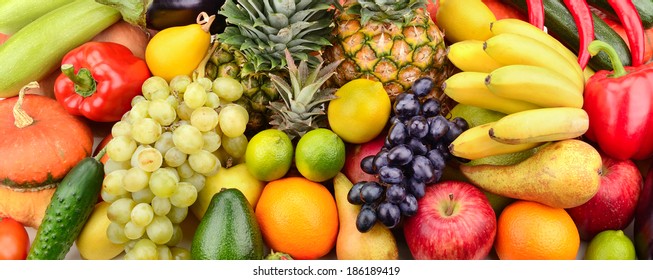 fresh fruits and vegetables isolated on white background                                     - Shutterstock ID 186189419