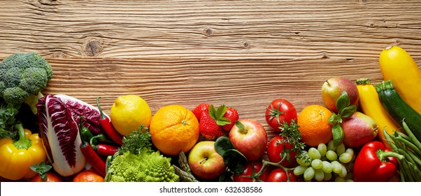 Fresh Fruits Vegetables Mix On Wooden Stock Photo Edit Now