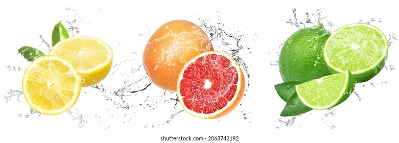 Fresh Fruits with water splash with drops on isolated white background. Lemon, Lime and Grapefruit. Explosion of fresh and juicy citrus fruits. - Powered by Shutterstock