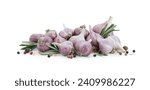 Fresh garlic bulbs, peppercorns and rosemary isolated on white