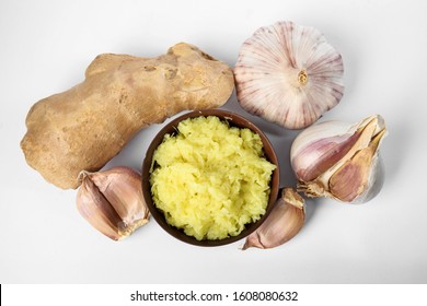 Fresh Garlic And Ginger Isolated On White, Top View. Natural Cold Remedies