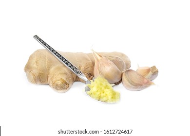 Fresh Garlic And Ginger Isolated On White. Natural Cold Remedies