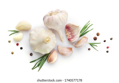 Fresh garlic and herbs isolated on white background. Top view. - Shutterstock ID 1740577178