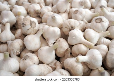  fresh garlic on market stall. background, food texture.                            - Shutterstock ID 2203333783