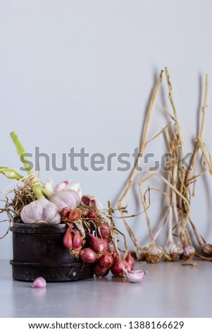 Similar – Image, Stock Photo Bunch of garlic with kitchenware on wooden background