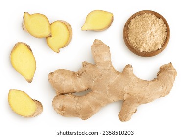 fresh ginger and ground ginger in wooden bowl spice isolated on white background. Top view. Flat lay - Powered by Shutterstock