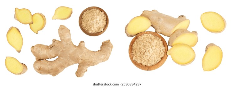 fresh ginger and ground ginger in wooden bowl spice isolated on white background. Top view. Flat lay - Powered by Shutterstock